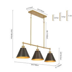 3-Light Brushed Gold Black Cone Island Chandelier