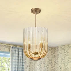 3-Light Candle Style Bell Ribbed Tinted Glass Ceiling Pendant