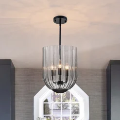 3-Light Candle Style Bell Ribbed Tinted Glass Ceiling Pendant