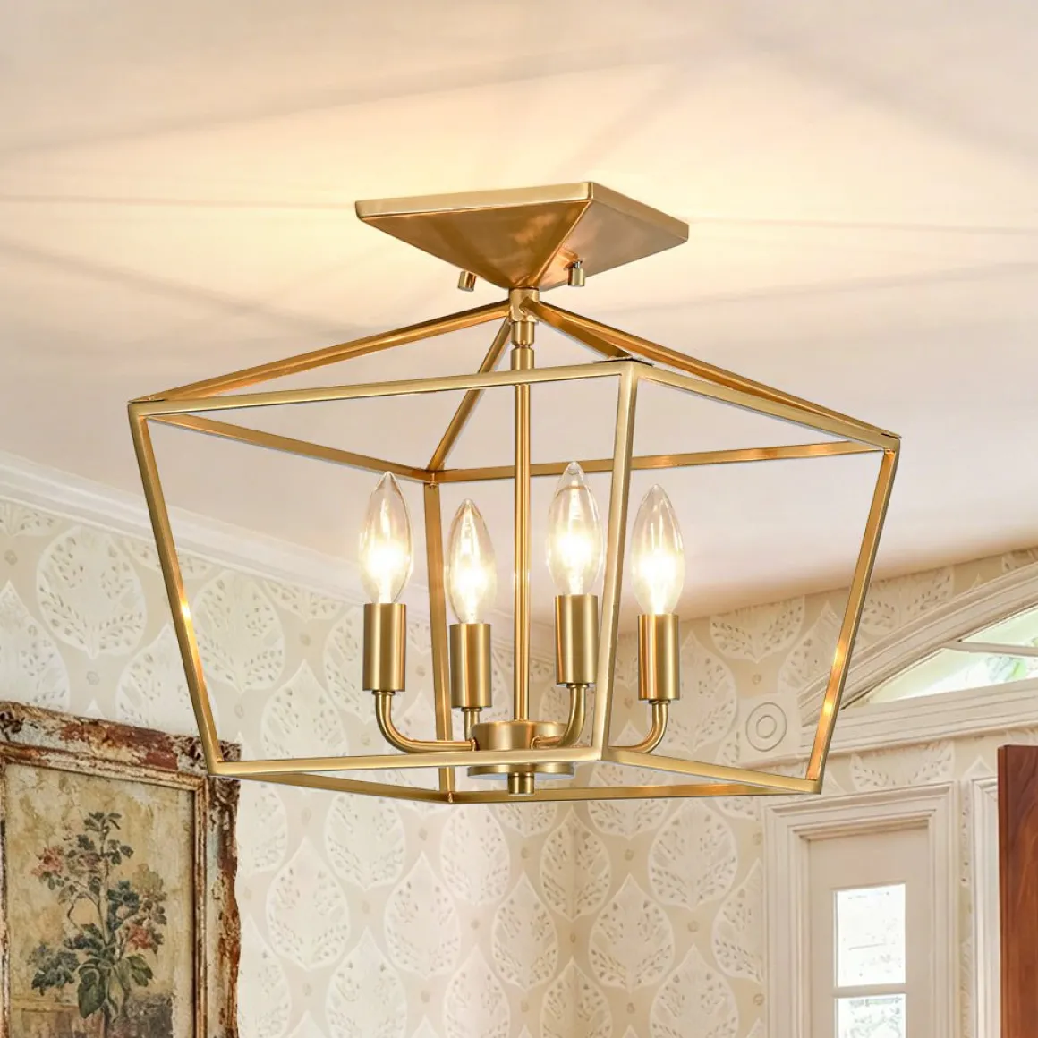 4-Light Candle Style Square Lantern Semi Flush Mount