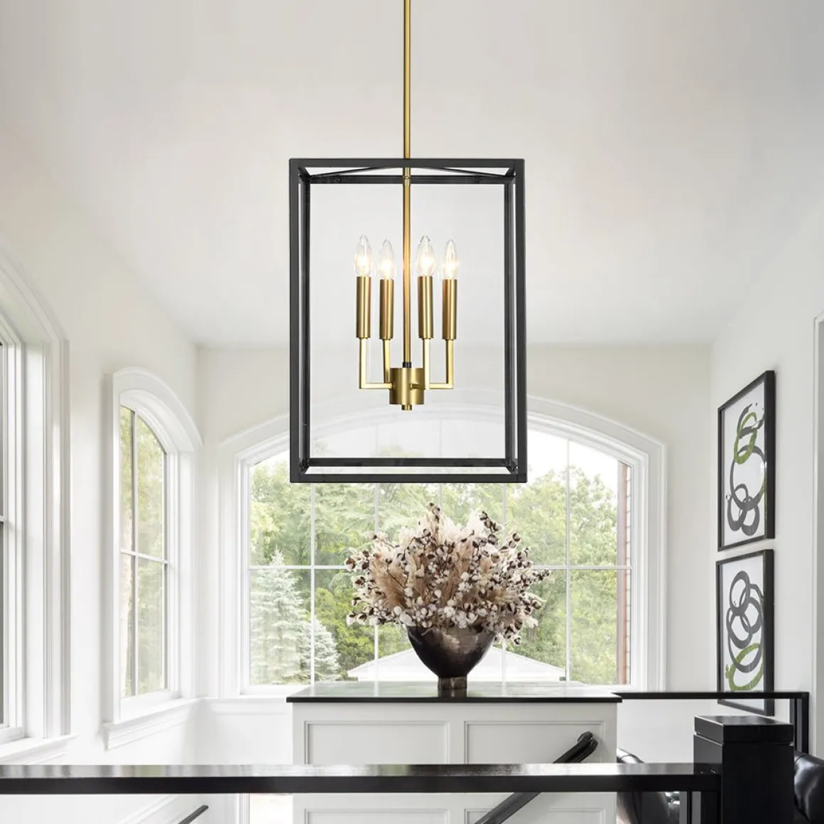 4-Light Candle Style Wide Glass Square Lantern Pendant