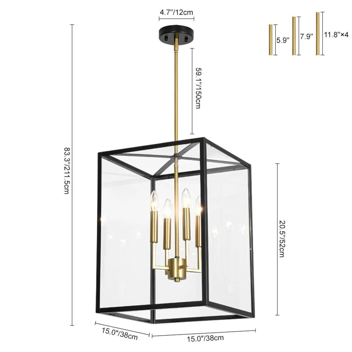 4-Light Candle Style Wide Glass Square Lantern Pendant