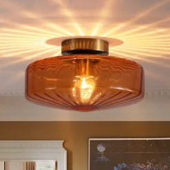 1-Light Caramel Amber Ribbed Glass Round Semi Flush Mount