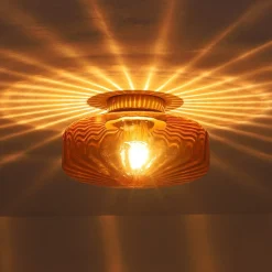 1-Light Caramel Amber Ribbed Glass Round Semi Flush Mount