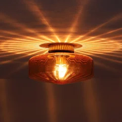 1-Light Caramel Amber Ribbed Glass Round Semi Flush Mount