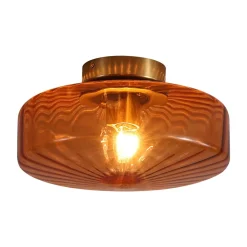 1-Light Caramel Amber Ribbed Glass Round Semi Flush Mount
