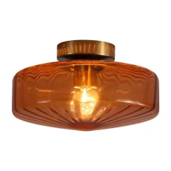 1-Light Caramel Amber Ribbed Glass Round Semi Flush Mount