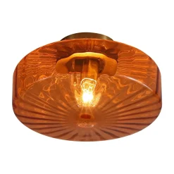 1-Light Caramel Amber Ribbed Glass Round Semi Flush Mount