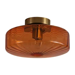 1-Light Caramel Amber Ribbed Glass Round Semi Flush Mount