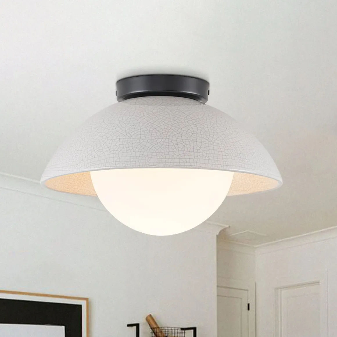 1-Light Ceramic Dome Frosted Shade Semi Flush Mount