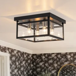 4-Light Clear Glass Black Square Cage Flush Mount Ceiling Light