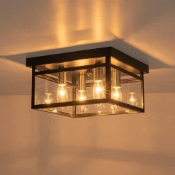 4-Light Clear Glass Black Square Cage Flush Mount Ceiling Light