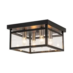 4-Light Clear Glass Black Square Cage Flush Mount Ceiling Light