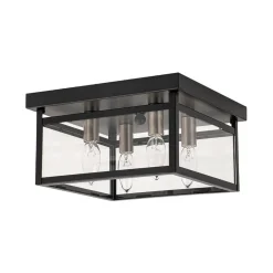 4-Light Clear Glass Black Square Cage Flush Mount Ceiling Light