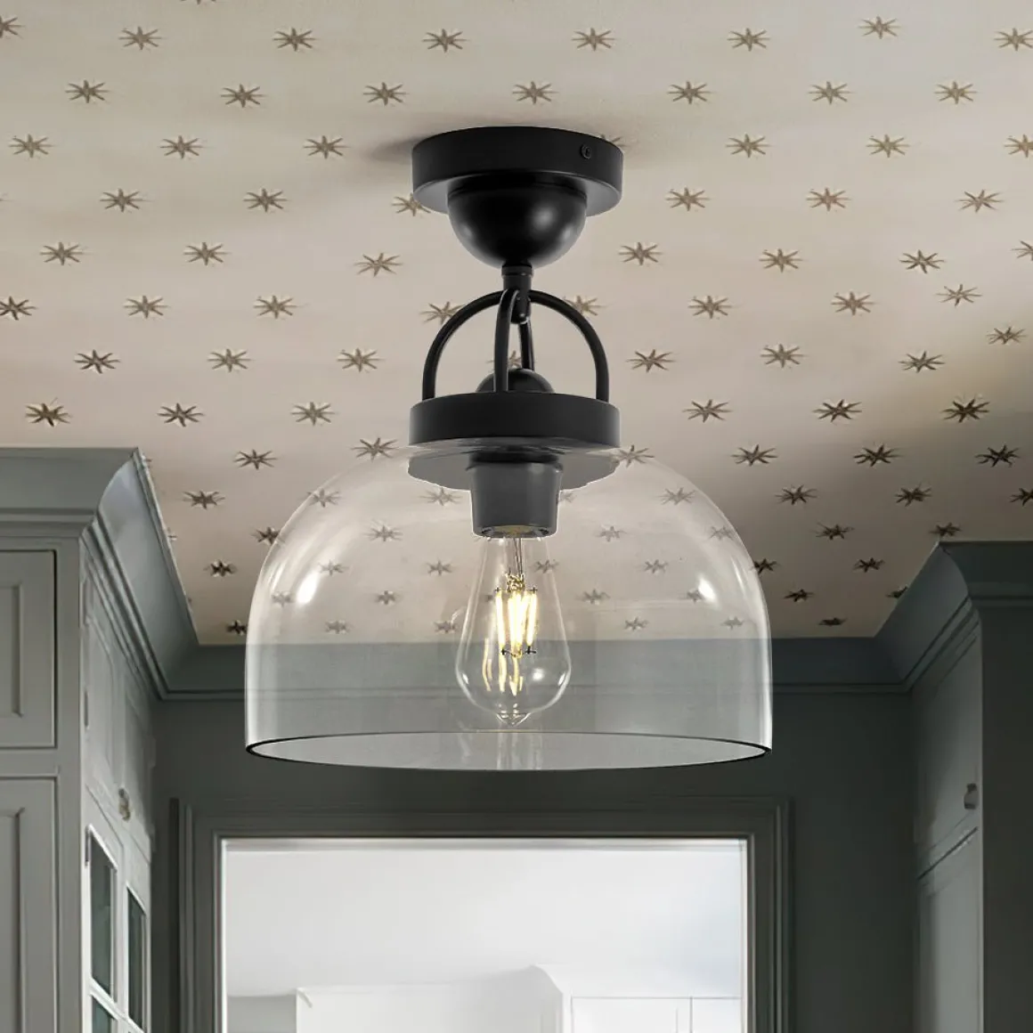 1-Light Clear Glass Dome Shade Semi Flush Mount