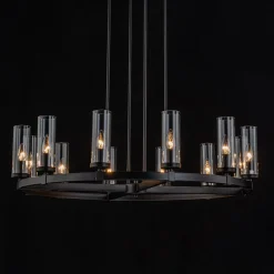 12-Light Clear Glass Shade Wagon Wheel Chandelier