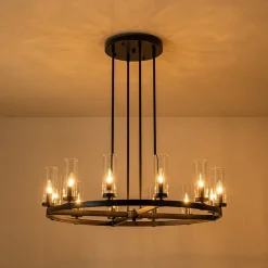 12-Light Clear Glass Shade Wagon Wheel Chandelier