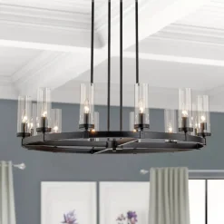 12-Light Clear Glass Shade Wagon Wheel Chandelier
