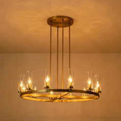 12-Light Clear Glass Shade Wagon Wheel Chandelier