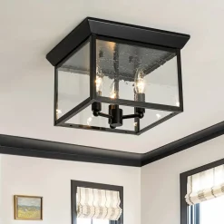 3-Light Clear Seeded Glass Black Square Cage Ceiling Light