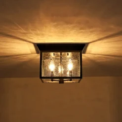 3-Light Clear Seeded Glass Black Square Cage Ceiling Light