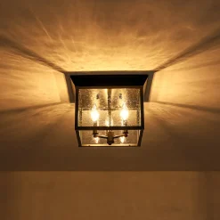 3-Light Clear Seeded Glass Black Square Cage Ceiling Light