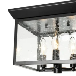 3-Light Clear Seeded Glass Black Square Cage Ceiling Light