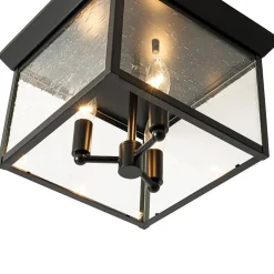 3-Light Clear Seeded Glass Black Square Cage Ceiling Light