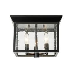 3-Light Clear Seeded Glass Black Square Cage Ceiling Light