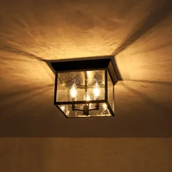 3-Light Clear Seeded Glass Black Square Cage Ceiling Light