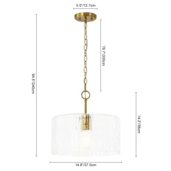 1-Light Clear Striped Glass Drum Semi Flush / Round Cage Pendant