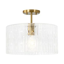 1-Light Clear Striped Glass Drum Semi Flush / Round Cage Pendant