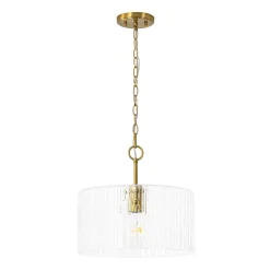 1-Light Clear Striped Glass Drum Semi Flush / Round Cage Pendant