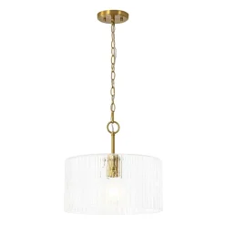 1-Light Clear Striped Glass Drum Semi Flush / Round Cage Pendant