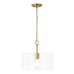 1-Light Clear Striped Glass Drum Semi Flush / Round Cage Pendant