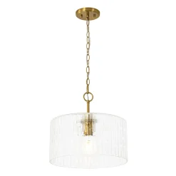 1-Light Clear Striped Glass Drum Semi Flush / Round Cage Pendant