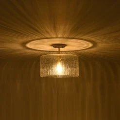 1-Light Clear Striped Glass Drum Semi Flush / Round Cage Pendant