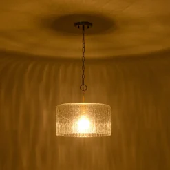 1-Light Clear Striped Glass Drum Semi Flush / Round Cage Pendant