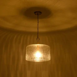 1-Light Clear Striped Glass Drum Semi Flush / Round Cage Pendant