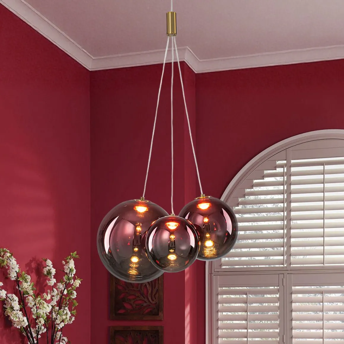 3-Light Cluster Gold Ruby Glass Globe Dimmable LED Pendant