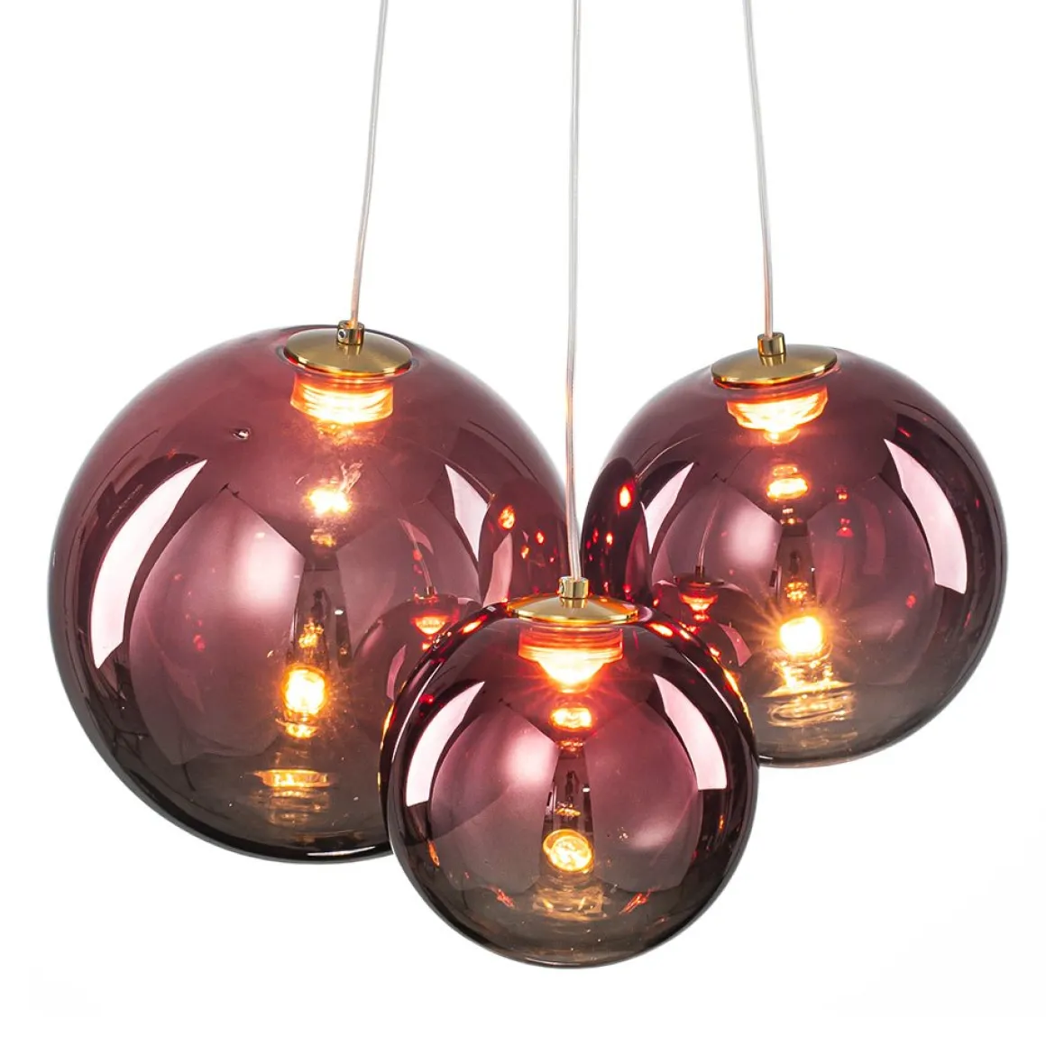 3-Light Cluster Gold Ruby Glass Globe Dimmable LED Pendant