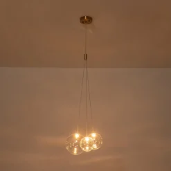 3-Light Cluster Gold Ruby Glass Globe Dimmable LED Pendant