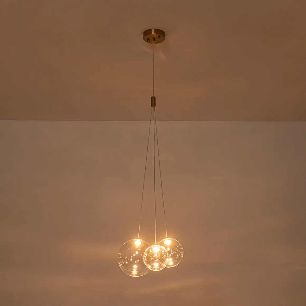 3-Light Cluster Gold Ruby Glass Globe Dimmable LED Pendant