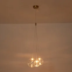 3-Light Cluster Gold Ruby Glass Globe Dimmable LED Pendant