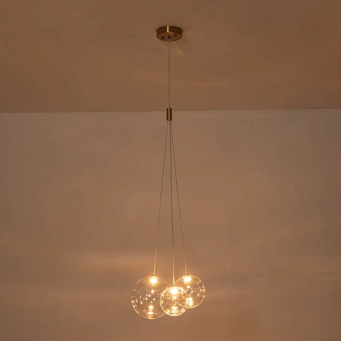 3-Light Cluster Gold Ruby Glass Globe Dimmable LED Pendant