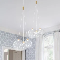 3-Light Cluster Gold Ruby Glass Globe Dimmable LED Pendant