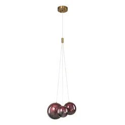 3-Light Cluster Gold Ruby Glass Globe Dimmable LED Pendant