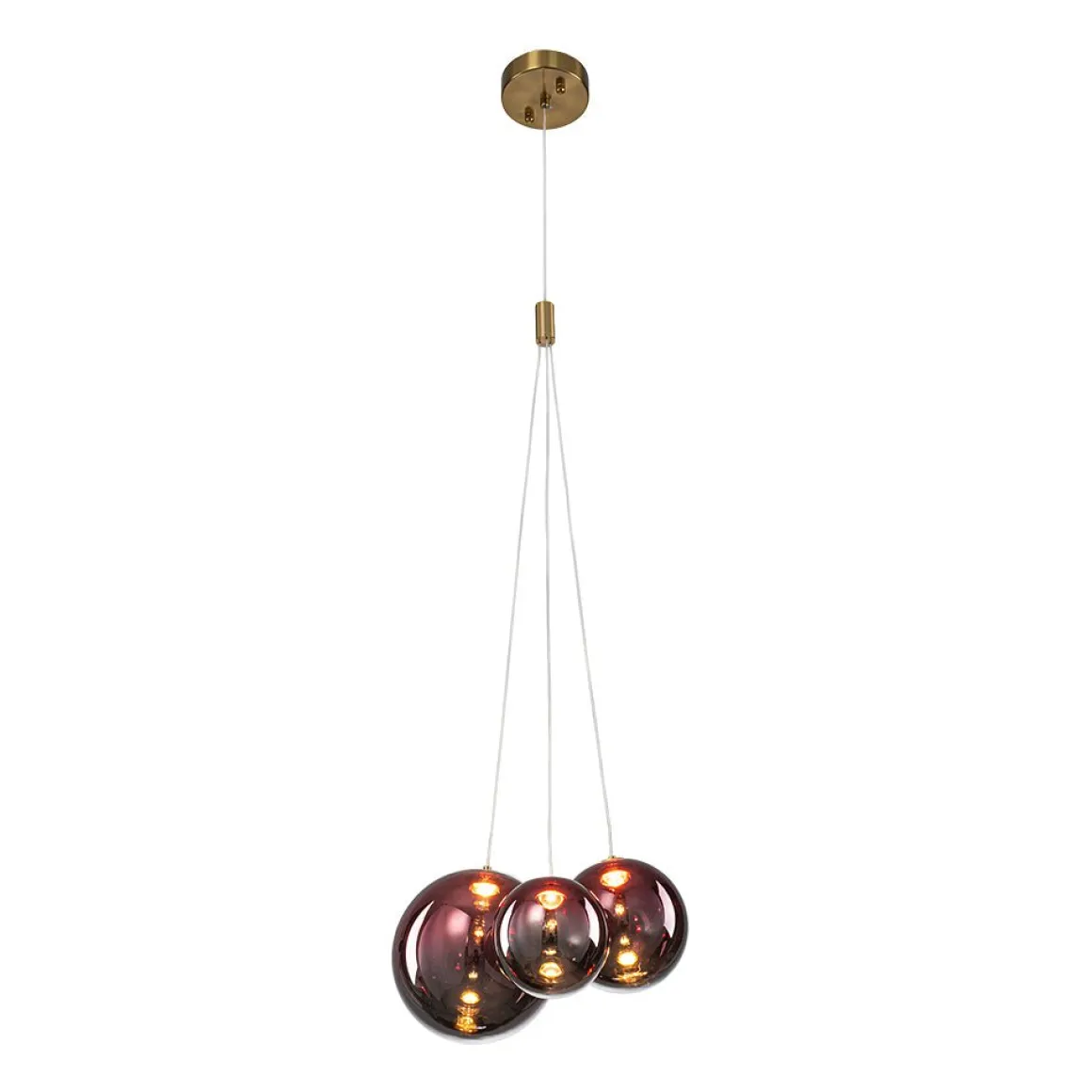 3-Light Cluster Gold Ruby Glass Globe Dimmable LED Pendant