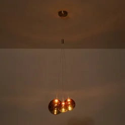 3-Light Cluster Gold Ruby Glass Globe Dimmable LED Pendant