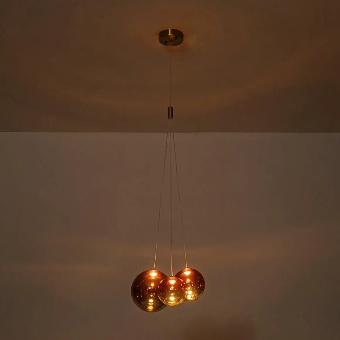 3-Light Cluster Gold Ruby Glass Globe Dimmable LED Pendant